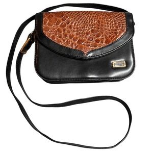 Vintage Faux Croc Embossed Shoulder Bag Black Brown Crossbody Flap Purse